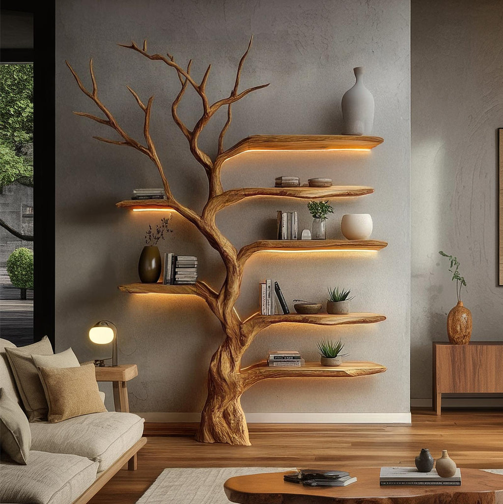 Rustic Organic Tree Bookshelf, Solid Wood Wall Mounted Branch Book Rack & Sculptural Display for Living Room