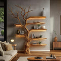 Rustic Organic Tree Bookshelf, Solid Wood Wall Mounted Branch Book Rack & Sculptural Display for Living Room