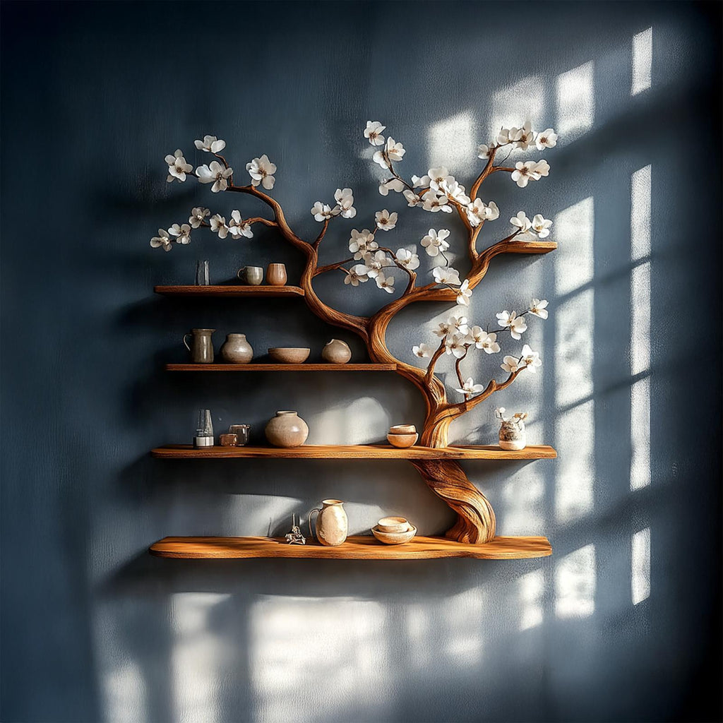 Rustic Tree Branch Bookshelf, Wall Mounted Solid Wood Book Display & Modern Wall Organizer for Bedroom