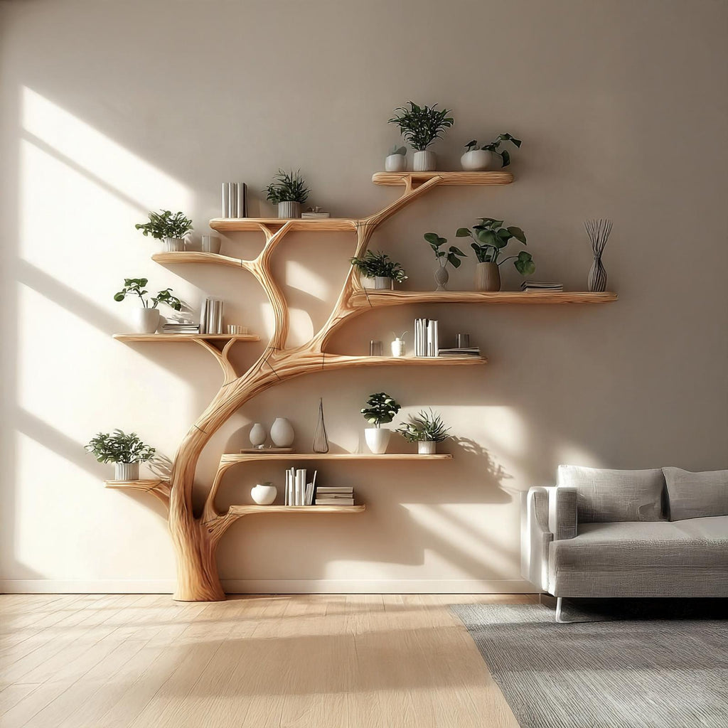 Midcentury Tree Bookshelf Bedroom Entry
