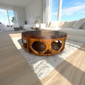 Mid Century Wooden Round Coffee Table, Handcrafted Solid Wood Circular Center Table, Modern Living Room Accent Decor