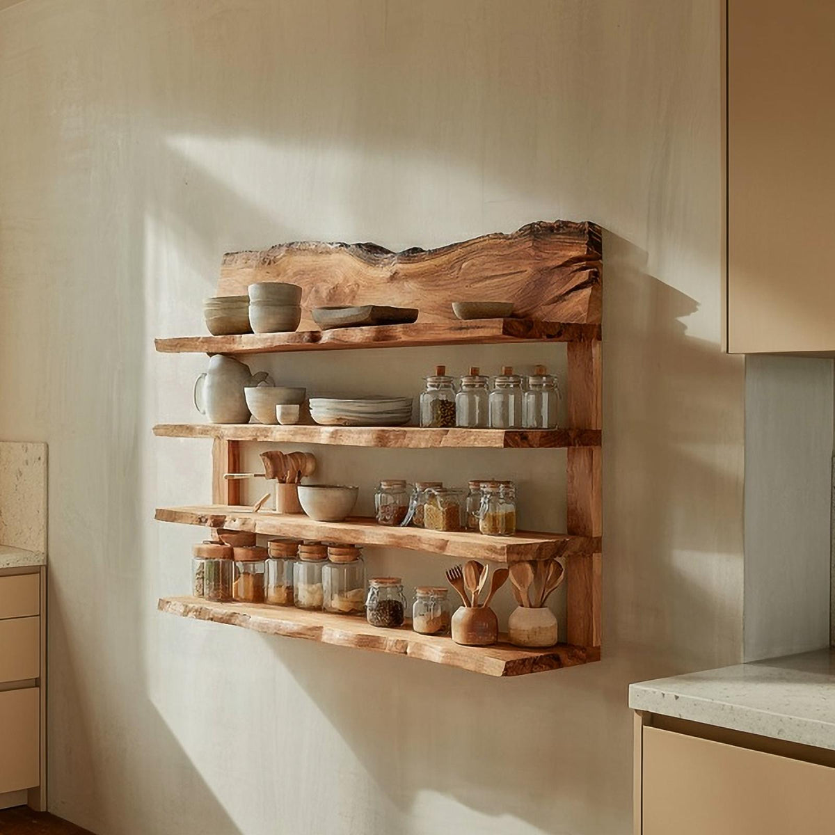 Rustic Wall Mounted Storage Shelf, Solid Wood Handcrafted Floating Spice Rack Organizer for Kitchen Dining Room