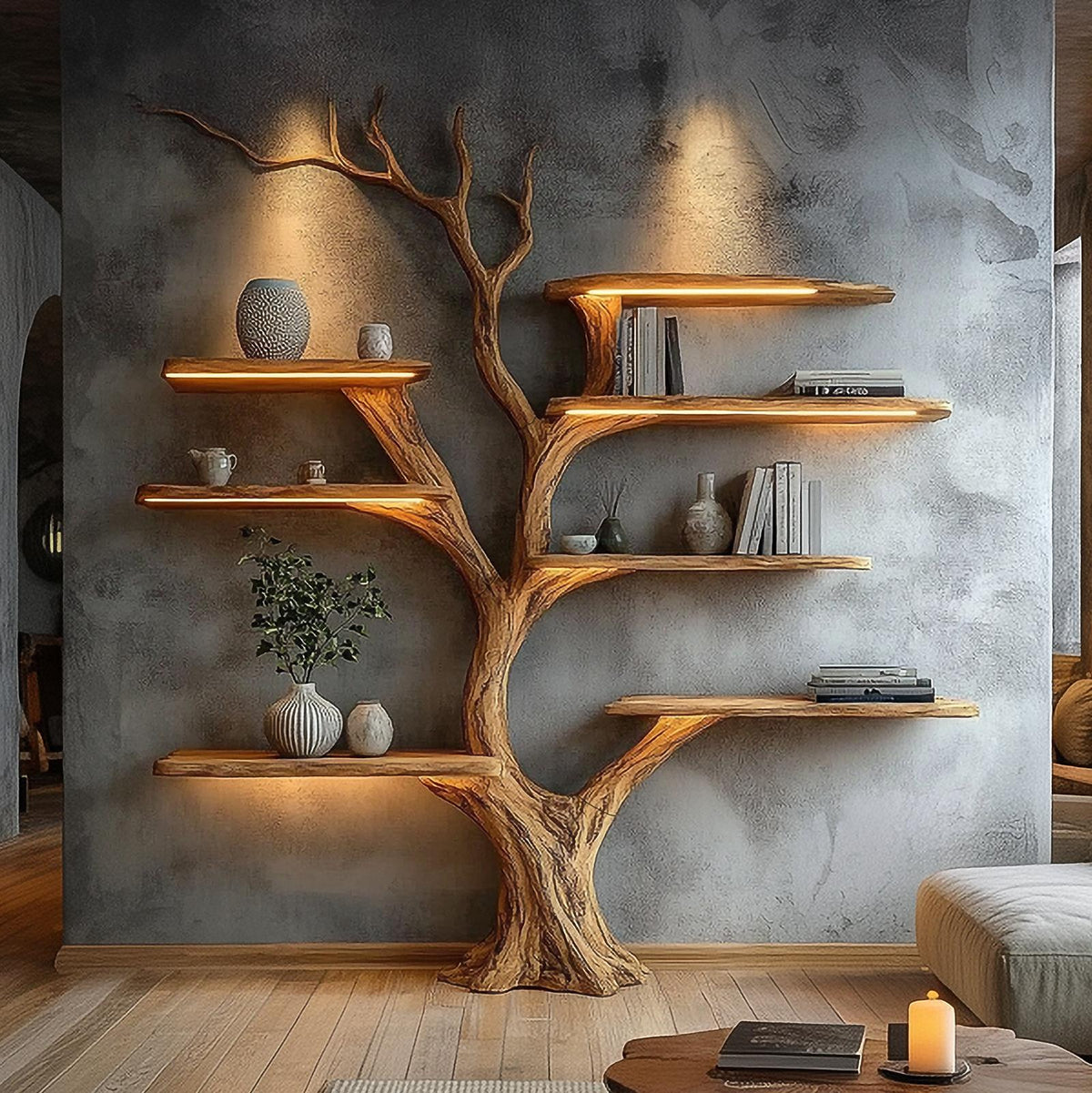 Rustic Sculptural Tree Bookshelf, Wall Mounted Wood Branch Bookcase, Statement Living Room Wall Art Feature