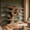 Rustic Sculptural Wood Tree Bookshelf, Handcrafted Wall Mounted Branch Bookcase for Living Room Art Display