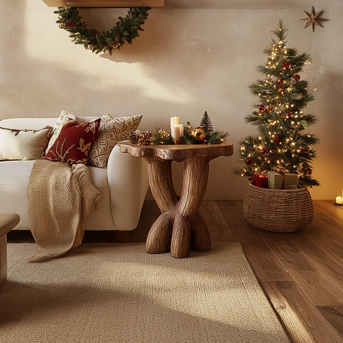 Rustic Sculptural End Table, Handcrafted Solid Wood Side Table, Living Room & Bedroom Holiday Decor Accent