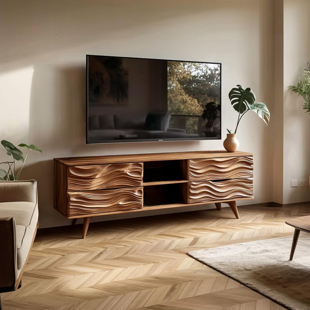 Mid Century Organic Modern TV Stand, Solid Wood Living Room Media Console & Office Storage Cabinet, Model