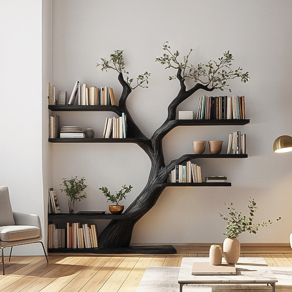 Rustic Tree Bookshelf, Free Standing Solid Wood Bookcase Storage Stand, Decorative Bedroom & Living Room Organizer