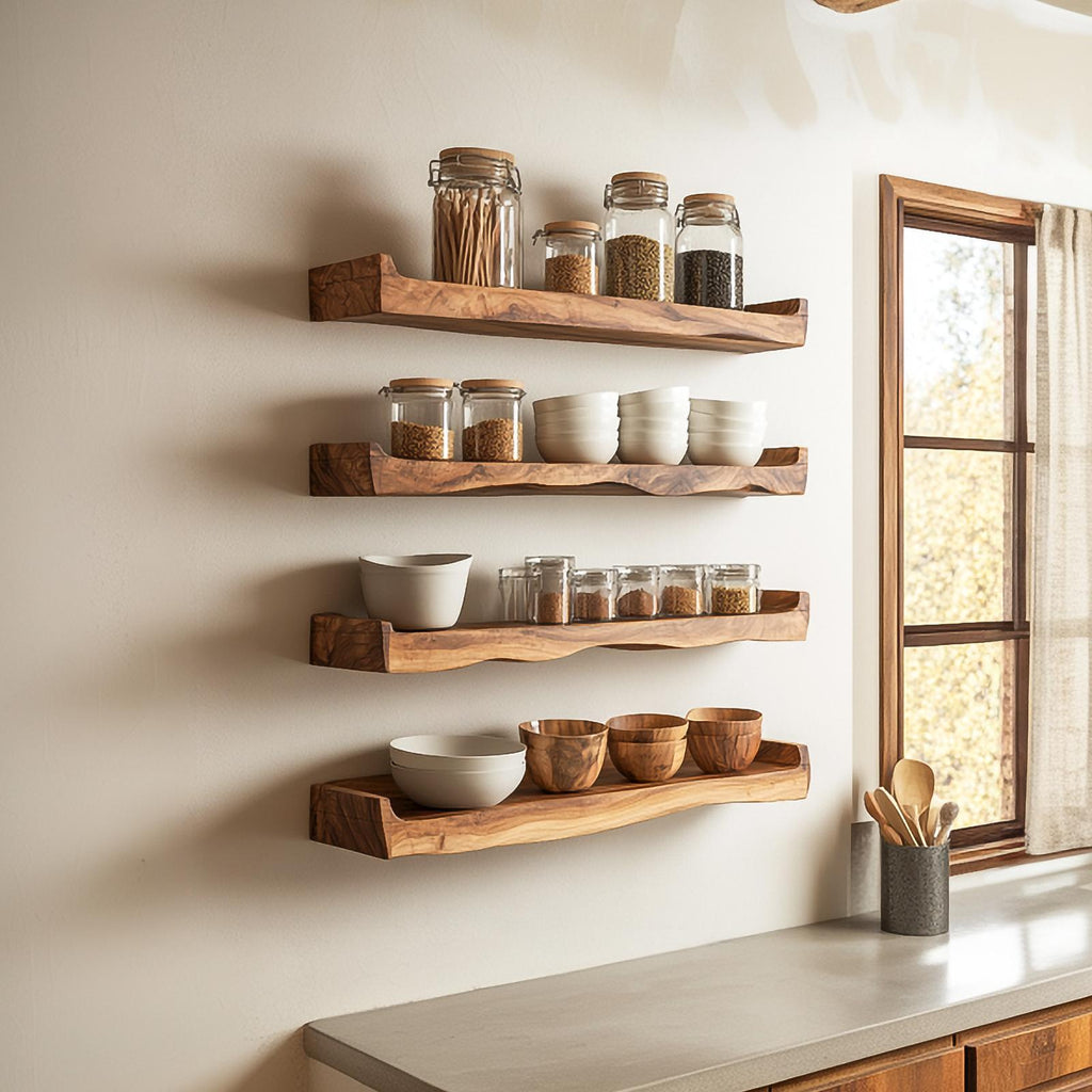 Rustic Wood Wall Organizer Shelf, Handcrafted Floating Spice Rack Cooking Utensils Storage for Kitchen Dining