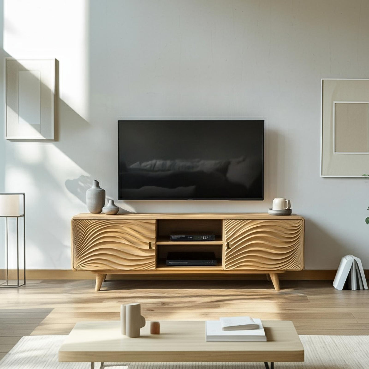 Scandinavian Modern Wood TV Stand, Minimalist Low Profile Media Console Cabinet for Living Room, Model