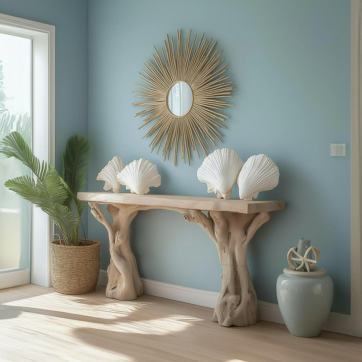 Beach Inspired Wooden Console Table Handcrafted Tree Form Design