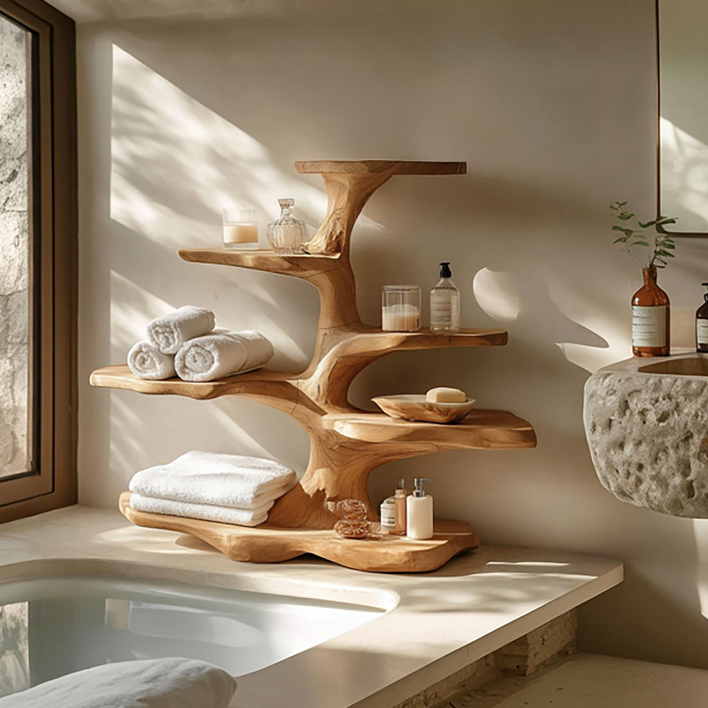 Organic Freestanding Tree Shelf For Bathroom Storage And Interior Decor