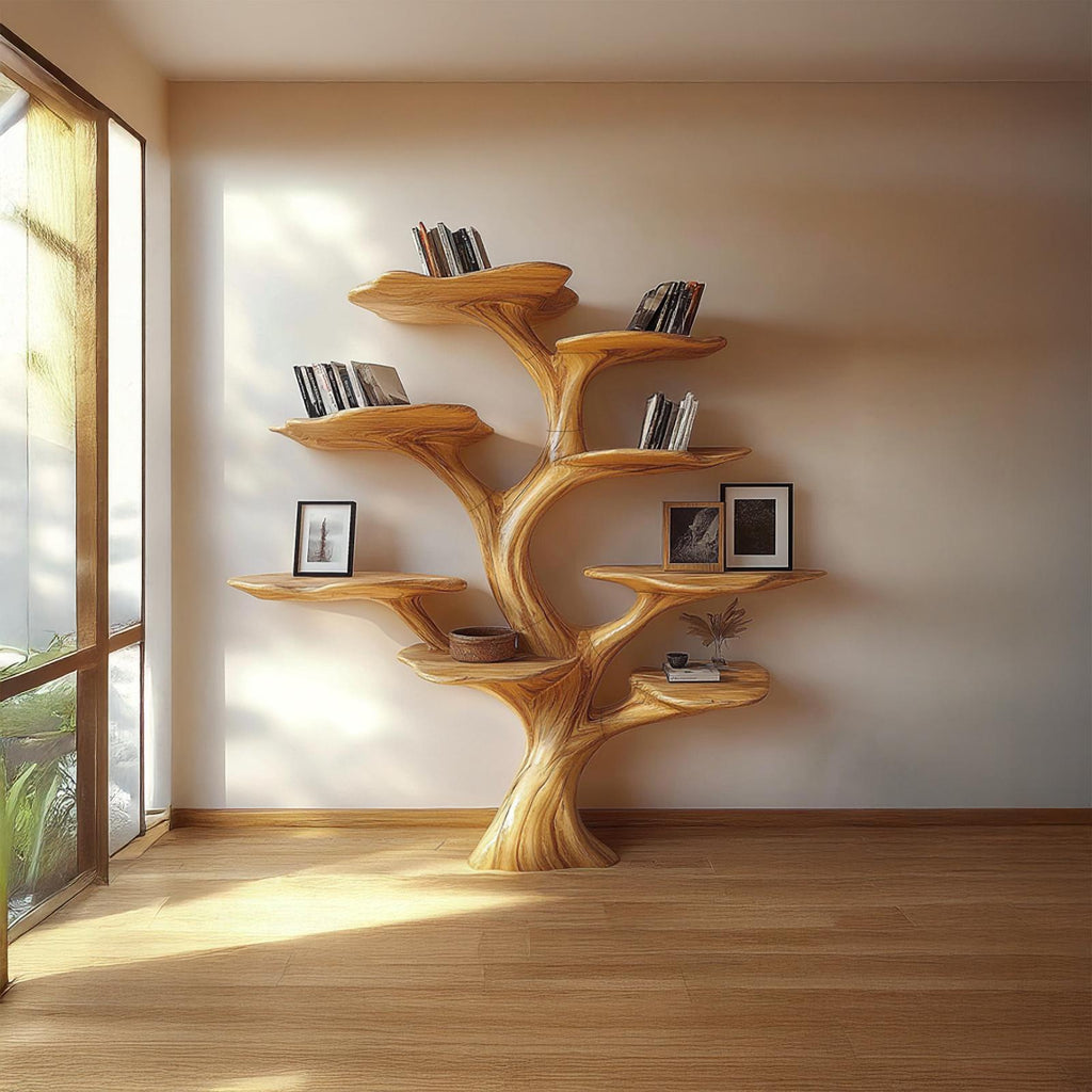 Rustic Mushroom Shaped Tree Bookshelf, Solid Wood Decorative Bookcase & Wall Organizer for Office & Living Room Decor