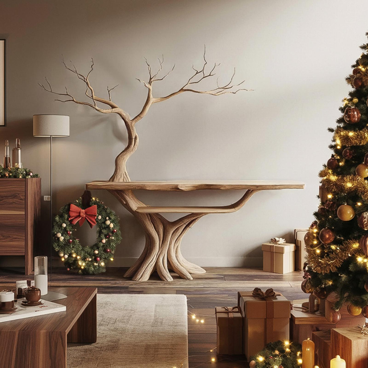 Rustic Tree Console Table, Sculptural Solid Wood Branch Base, Unique Entryway & Living Room Accent Table