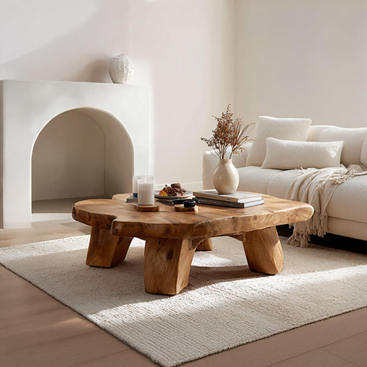 Handcrafted Mediterranean Solid Wood Coffee Table, Rustic Organic Center Table for Cozy Living Room Interiors