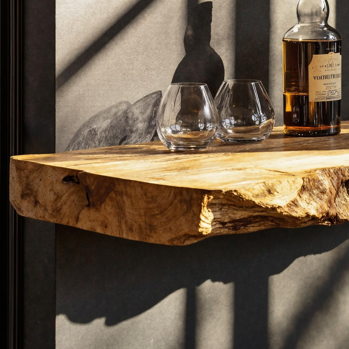 Rustic Industrial Wood Bar Wall Shelf, Wall-Mounted Solid Wood Wine Rack Organizer for Home Bar Storage