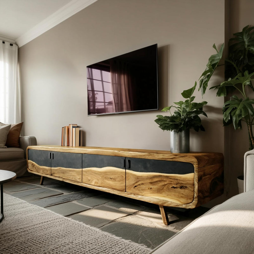 Handcrafted Live Edge TV Console, Natural Slab Wood Entertainment Center & Rustic Media Stand Cabinet