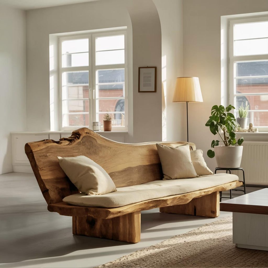 Organic Wood Sofa with Natural Live Edge Design, Rustic Modern Timber Settee Couch for Living Room