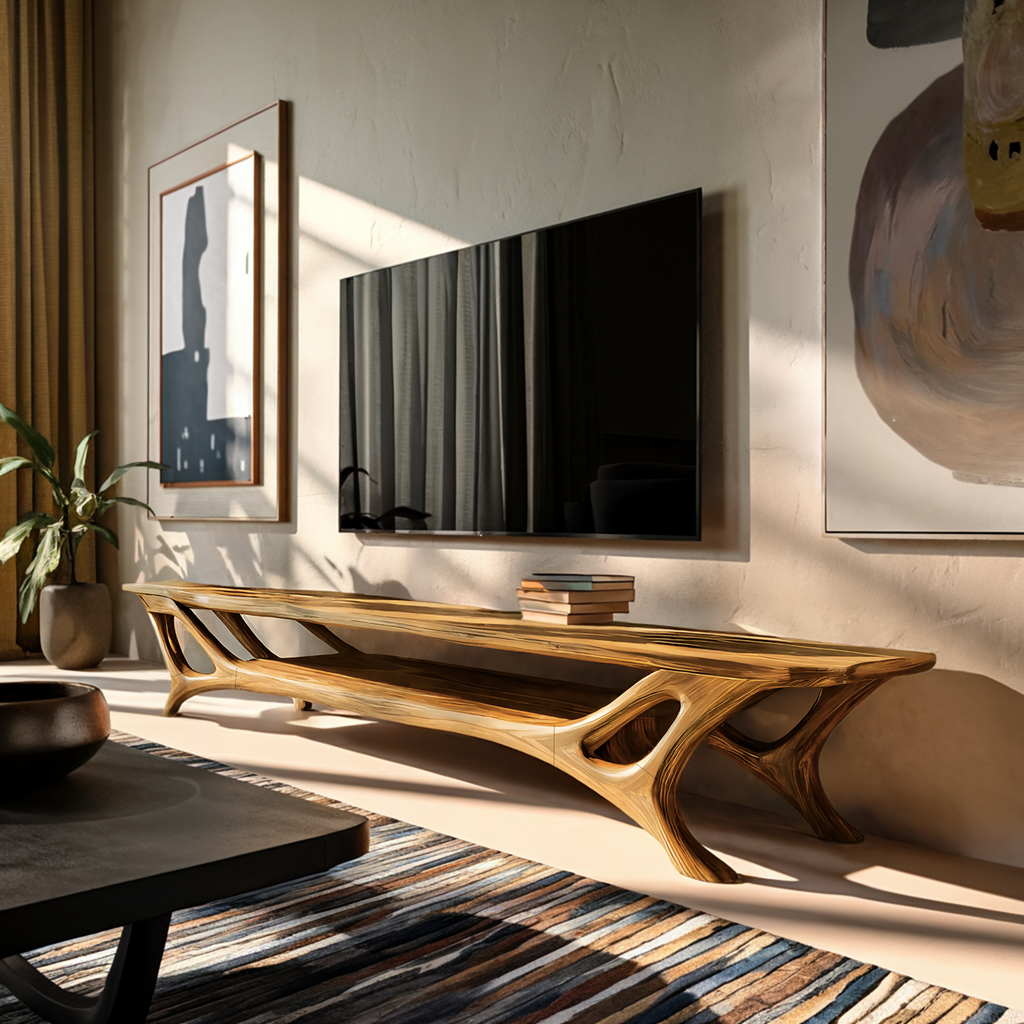Curved Wood TV Stand for Contemporary Living Room, Modern Sculptural Media Console Credenza Entertainment Center