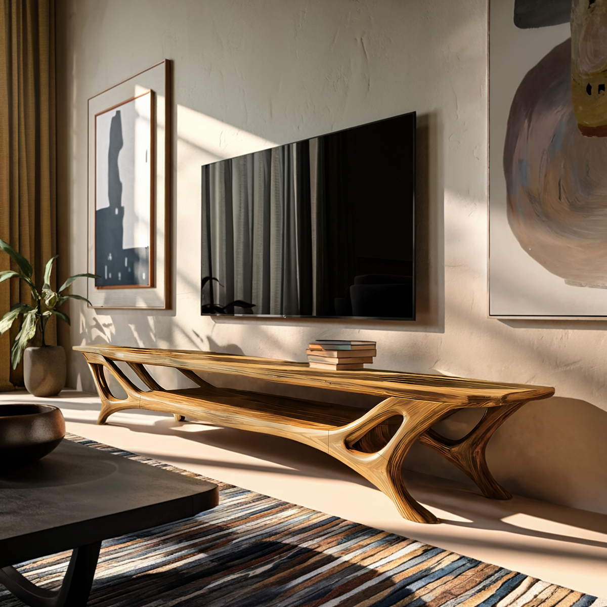 Curved Wood TV Stand for Contemporary Living Room, Modern Sculptural Media Console Credenza Entertainment Center
