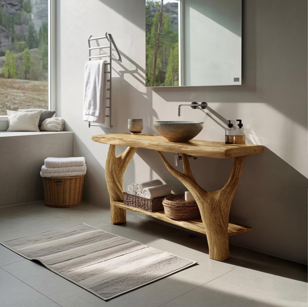 Mid Century Solid Wood Bathroom Vanity Cabinet, Organic Live Edge Floating Wooden Sink Console Table