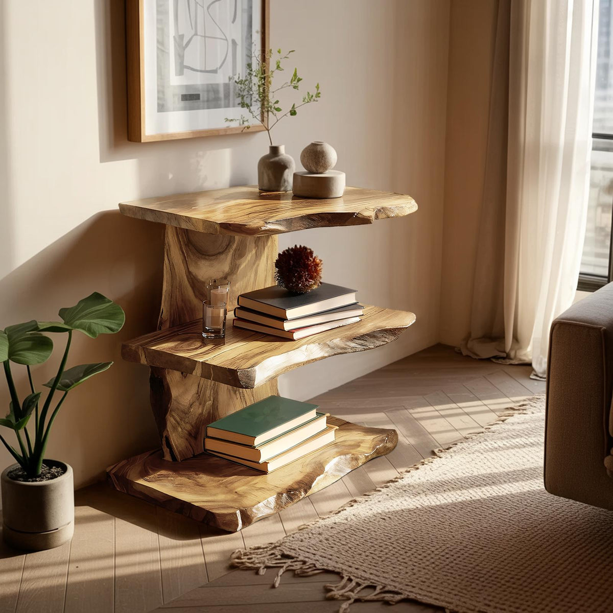 Farmhouse Live Edge Wooden Standing Shelf, Handcrafted Solid Wood Bookcase & Display Rack Decor