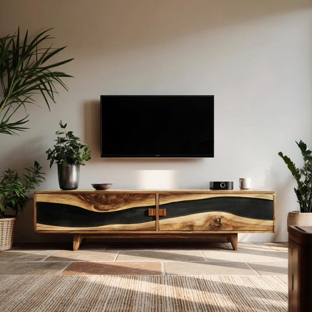 Spry Interior Farmhouse Wooden Entertainment Center, Solid Wood Rustic TV Stand & Storage Console for Living Room, SILDTTNTVC099
