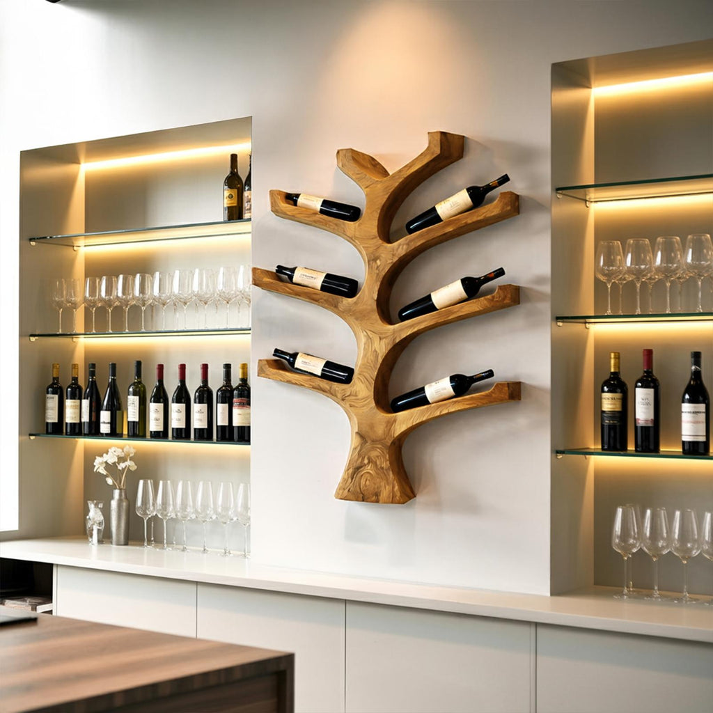 Rustic Wall Mounted Tree Branch Wine Rack, Solid Wood Bottle Holder for Kitchen & Dining Wall Decor