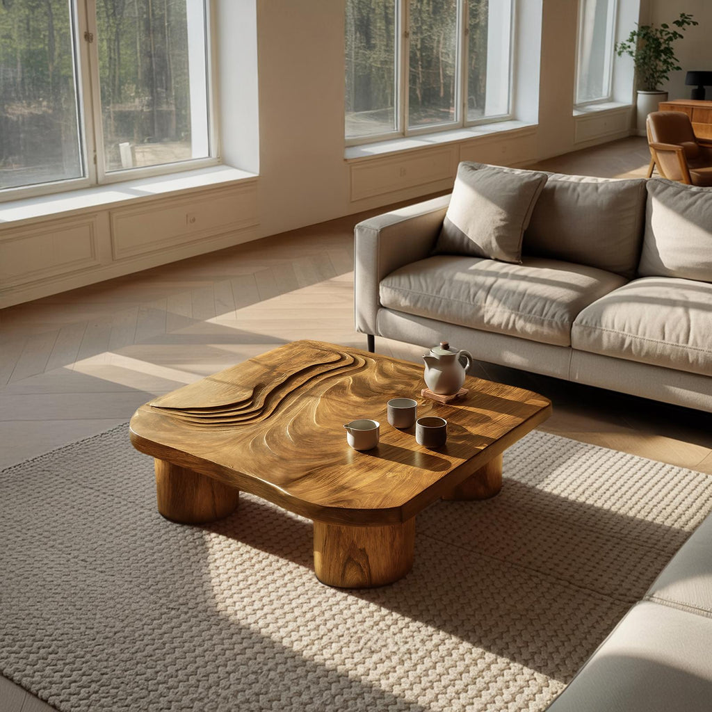 Handcrafted Abstract Solid Wood Coffee Table, Modern Sculptural Low Accent Table for Entryway & Living Room