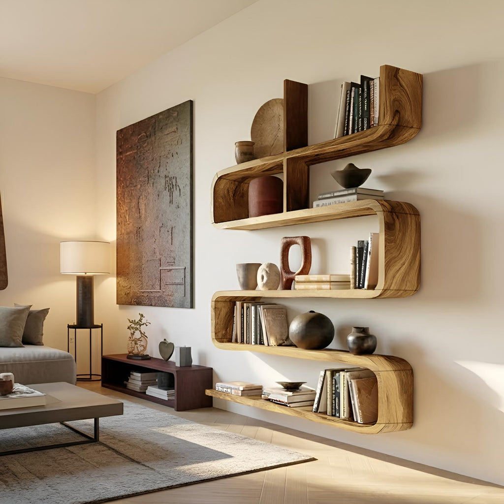 Modern Natural Wood Display Shelf, Handcrafted Solid Wooden Floating Wall Mount Ledge Bookshelf Rack for Living Room Decor Accent