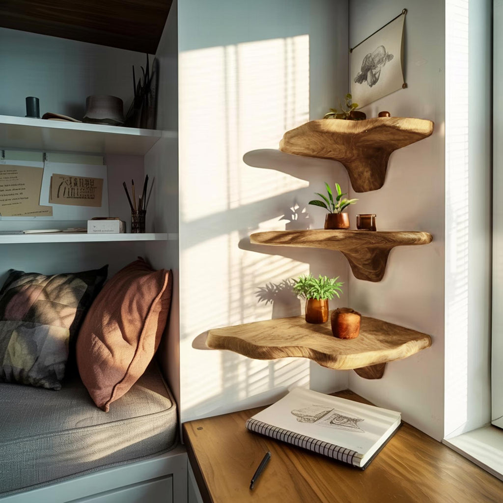 Handcrafted Wooden Live Edge Mushroom Shelf For Modern Furniture Decor