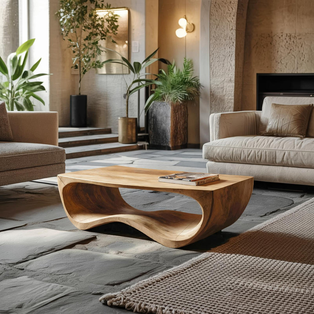 Artistic Sculptural Curved Coffee Table, Handcrafted Solid Wood Center Table for Modern Living Room Lounge, Model