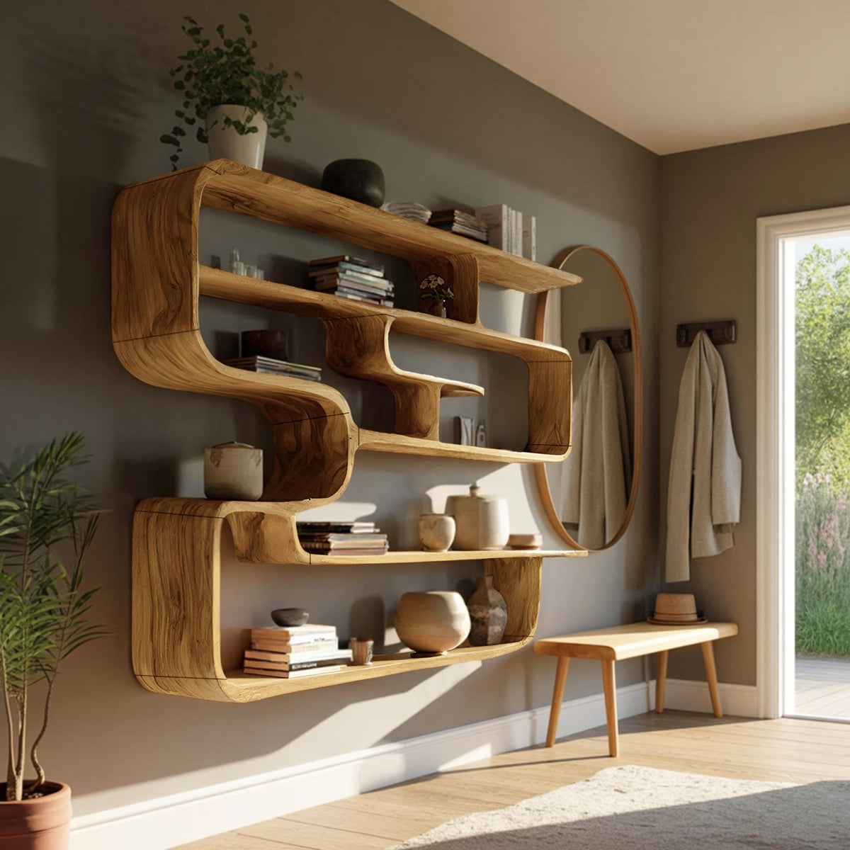 Rustic Live Edge Wood Shelving Unit, Floating Wall-Mounted Display Bookshelf & Storage Organizer Rack for Living Room
