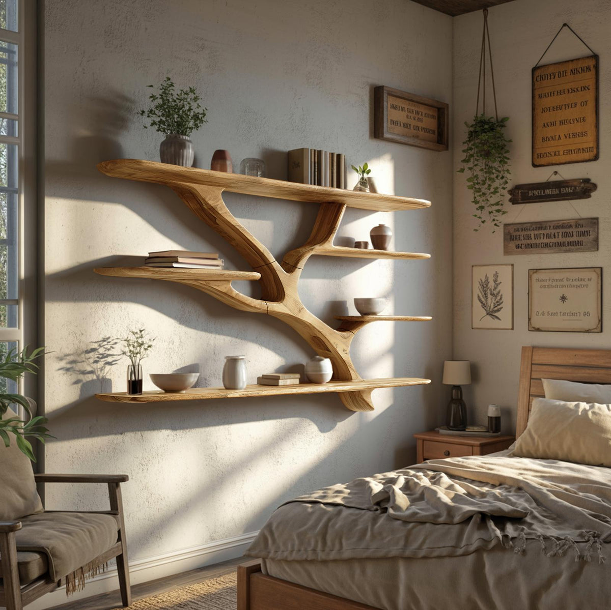 Industrial Floating Wooden Shelving Unit, Handcrafted Wall Mounted Storage Organizer Bookshelf for Bedroom Decor