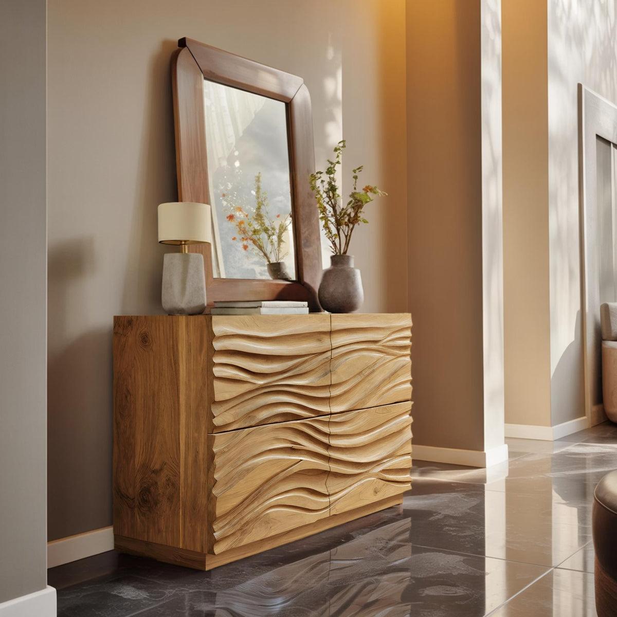 Handcrafted Sideboard with Carved Wave Design, Solid Wood Credenza Storage Cabinet for Living Room Decor, Model