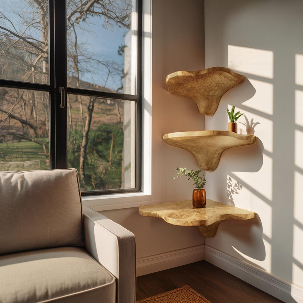 Mid Century Handcrafted Wooden Live Edge Mushroom Shelf For Home Decor
