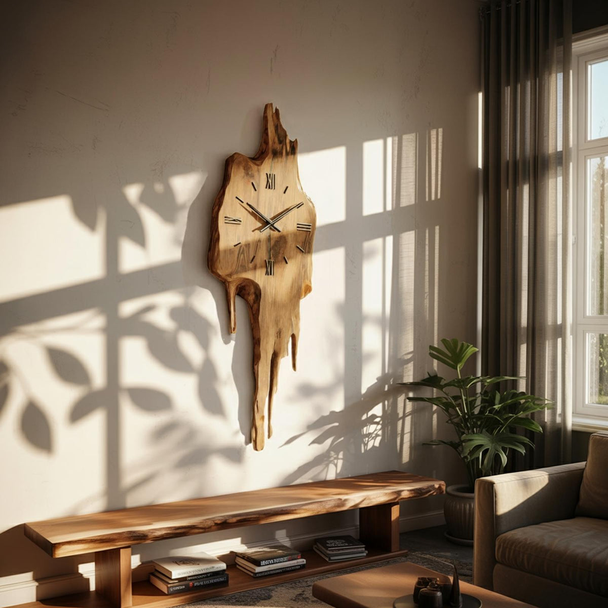 Artistic Wall Clock with Floating Edge, Handcrafted Solid Wood Abstract Hanging Timepiece for Home