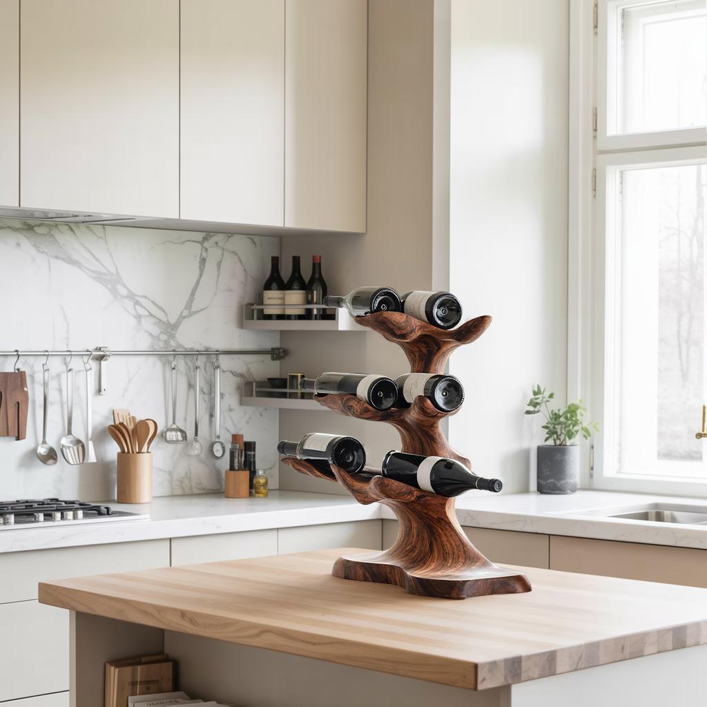 Rustic Countertop Wine Rack, Handcrafted Vintage Wood Wine Bottle Holder & Storage Organizer for Kitchen Cabinet