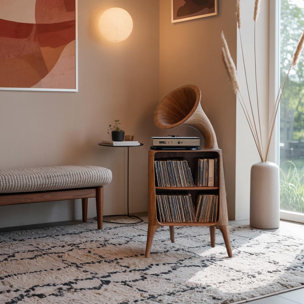 Mid Century Modern Record Console Table, Handcrafted Solid Wood Vinyl Storage Cabinet Shelf for Living Room Audio Station