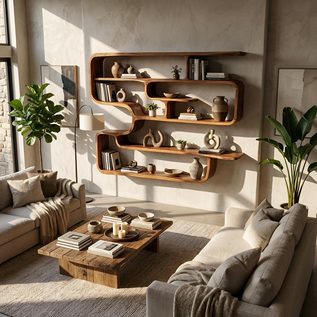 Rustic Live Edge Wood Shelving Unit, Floating Wall-Mounted Display Bookshelf & Storage Organizer Rack for Living Room