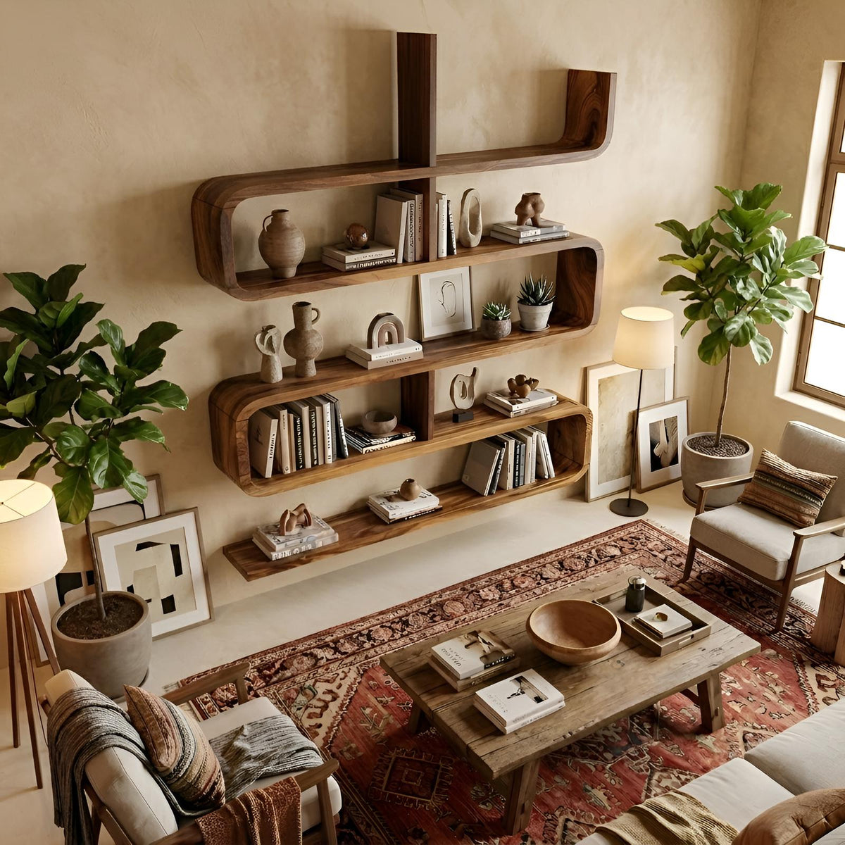 Modern Natural Wood Display Shelf, Handcrafted Solid Wooden Floating Wall Mount Ledge Bookshelf Rack for Living Room Decor Accent