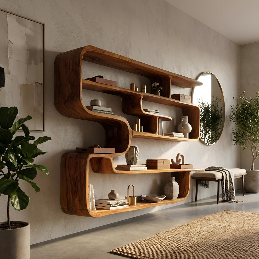 Rustic Live Edge Wood Shelving Unit, Floating Wall-Mounted Display Bookshelf & Storage Organizer Rack for Living Room
