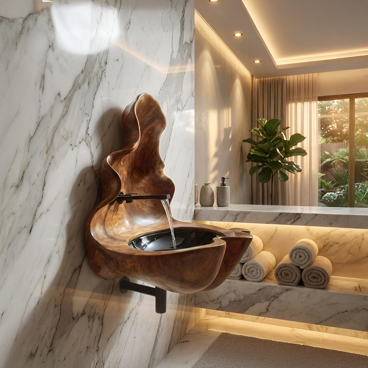 Handcrafted Live Edge Wooden Vessel Sink Basin, Artistic Teak Wood Bowl Vanity Decor for Luxury Bathroom