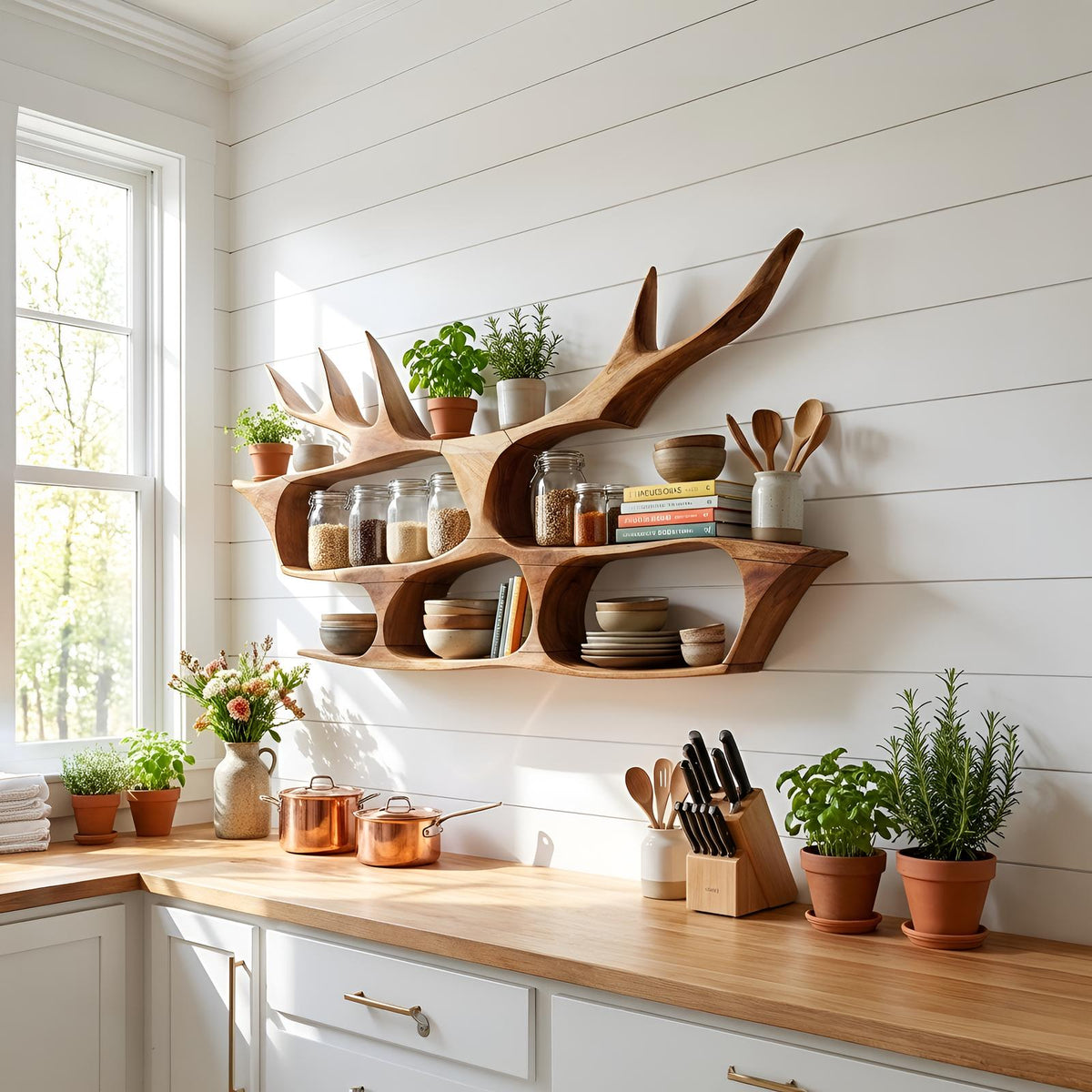 Mid Century Handcrafted Wooden Wall Mount Shelf, Floating Solid Wood Display Ledge Rack, Modern Storage Bookcase for Foyer Entryway