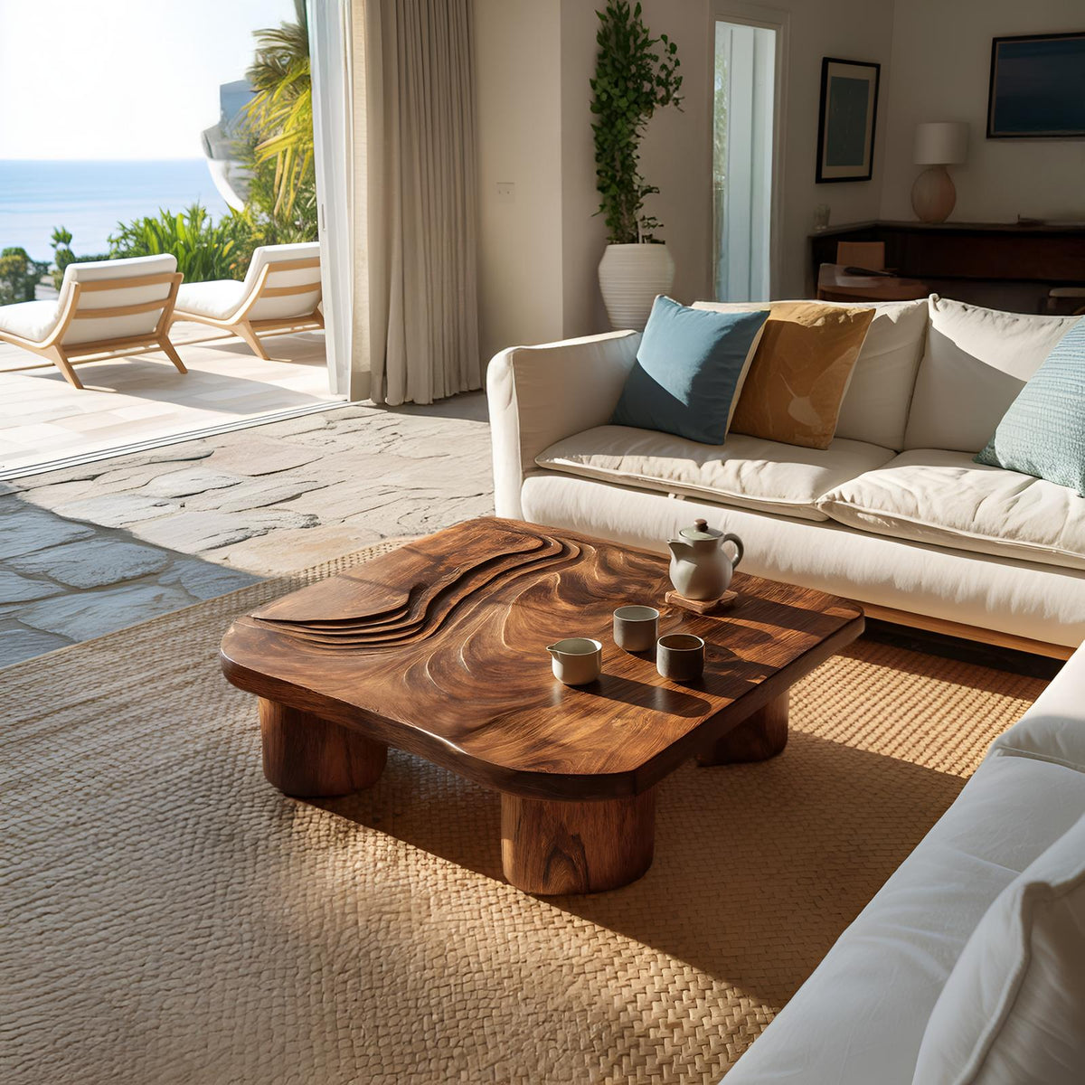 Handcrafted Abstract Solid Wood Coffee Table, Modern Sculptural Low Accent Table for Entryway & Living Room