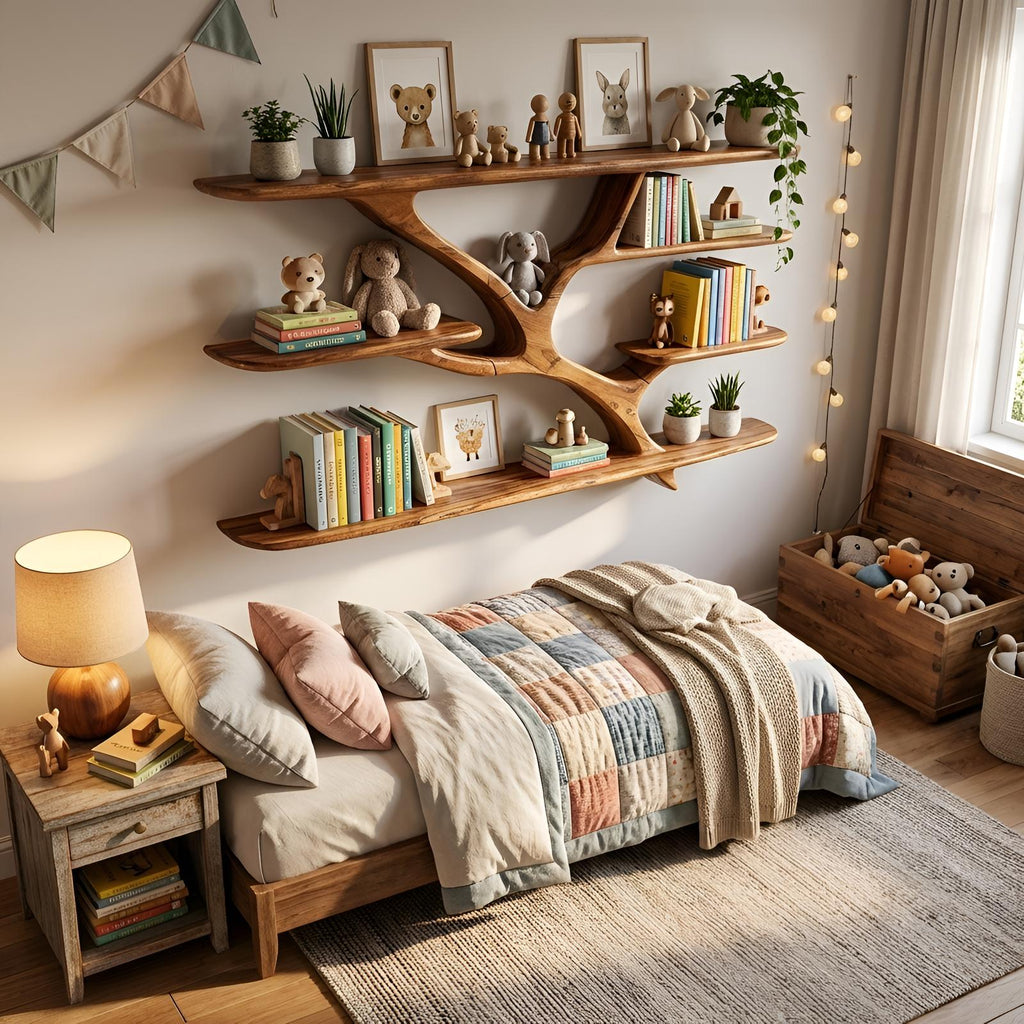Industrial Floating Wooden Shelving Unit, Handcrafted Wall Mounted Storage Organizer Bookshelf for Bedroom Decor