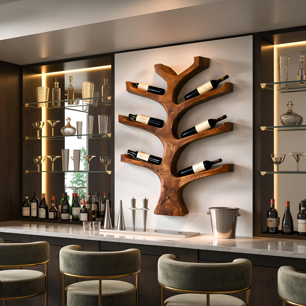 Rustic Wall Mounted Tree Branch Wine Rack, Solid Wood Bottle Holder for Kitchen & Dining Wall Decor