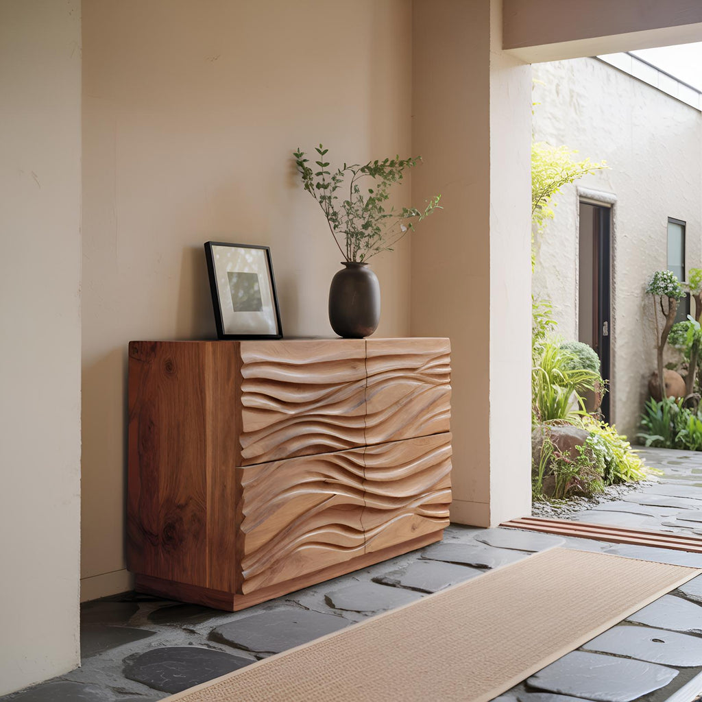 Handcrafted Sideboard with Carved Wave Design, Solid Wood Credenza Storage Cabinet for Living Room Decor, Model