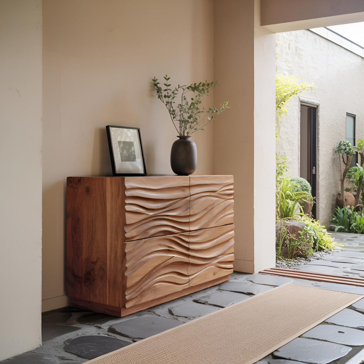 Handcrafted Sideboard with Carved Wave Design, Solid Wood Credenza Storage Cabinet for Living Room Decor, Model