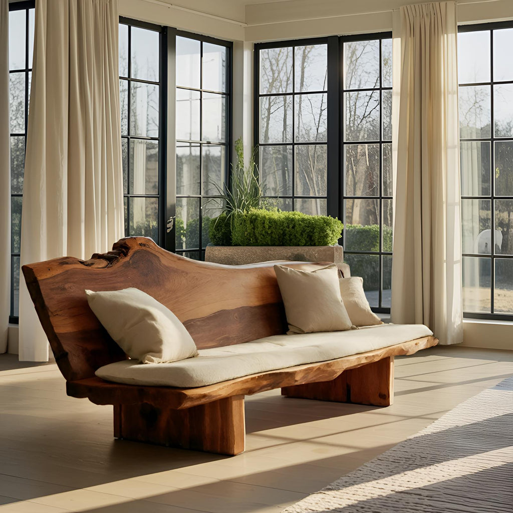 Organic Wood Sofa with Natural Live Edge Design, Rustic Modern Timber Settee Couch for Living Room