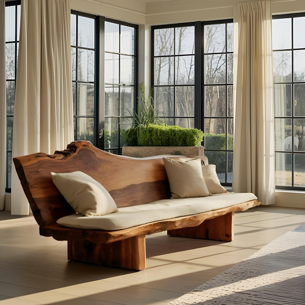 Organic Wood Sofa with Natural Live Edge Design, Rustic Modern Timber Settee Couch for Living Room